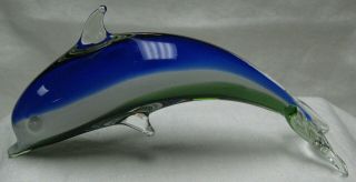 Murano Art Glass Dolphin Blown Glass Sculpture Cobalt White Green 8 & 1/2 "