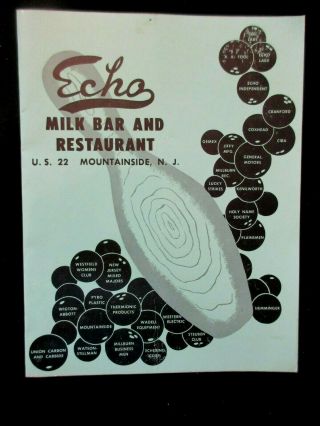 Echo Milk Bar And Restaurant Menu With Insert Rte 22 Mountainside Nj Rare 1952
