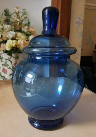 Mid Century Blue Glass Apothecary Bon Bon Jar Lidded Italian Empoli 60s Chemist