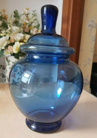 Mid Century Blue Glass Apothecary Bon Bon Jar Lidded Italian Empoli 60s chemist 2