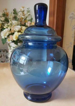 Mid Century Blue Glass Apothecary Bon Bon Jar Lidded Italian Empoli 60s chemist 3