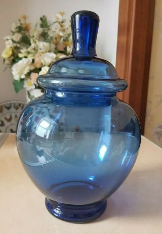 Mid Century Blue Glass Apothecary Bon Bon Jar Lidded Italian Empoli 60s chemist 4