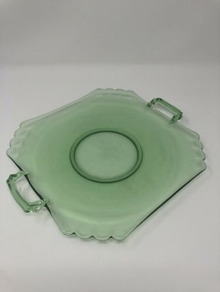 Vintage Green Vaseline Glass Uranium Serving Plate With Handles - Unique Shape