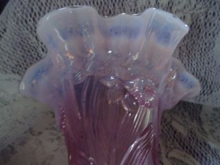 Fenton Opalescent Pink Glass Ruffled Edge Vase Flower Design Vintage 7 1/2 Tall