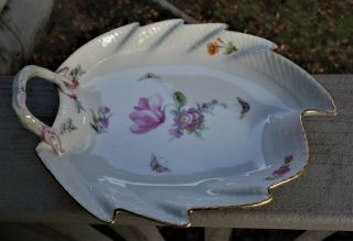 Lovely Signed Kpm Leaf Shaped Serving Tray With Handle,  Ca.  1900,  Flawless