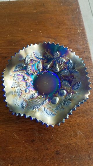 Blue Northwood Carnival Glass Fruits & Flowers Bowl Unstippled