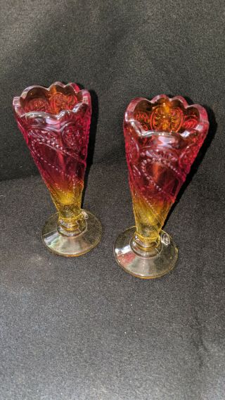 2 Vintage Le Smith Amberina Glass 6 " Vases Both With Paper Labels One Torn