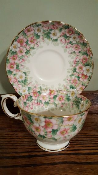 Vintage Crown Staffordshire Tea Cup & Saucer Pink Flowered Chintz & Gold Trim