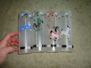 4 Vintage Libby Iced Tea Collins Glasses Frosted Carousel Circus Animal Euc