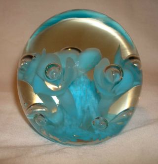 Vintage Joe St.  Clair Turquoise Blue Flowers Controlled Bubble Glass Paperweight