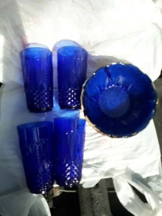 Four Sapphire Blue Glass Roses Embossed Bowls & Matching Tumblers (8)