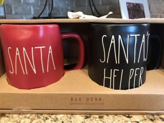 Rae Dunn - Set Of 2 Christmas Mugs: Red Santa & Black Santa " S Helper