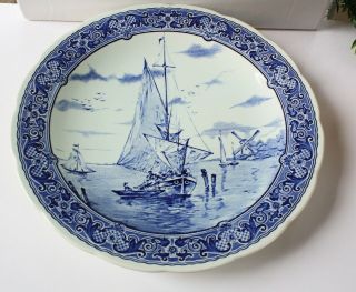 Vtg Delft Boch Belgium Royal Sphinx Blue Windmill Scene Wall Plate Charger 12 "