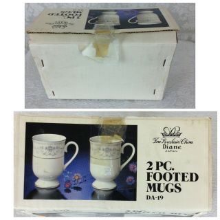 Vintage Wade Fine Porcelain China Footed Mugs Tea Cup Set of 2 Diane Silver Trim 8
