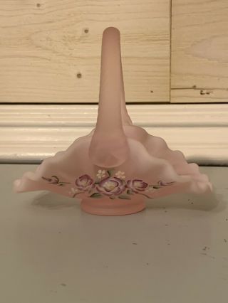 Fenton Mini Basket Pink Satin Hand Painted Lavender Roses -