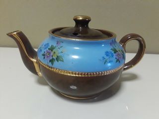 Vintage Sadler England Teapot 2401 Mottled Brown Blue Roses Gold Trim Teapot