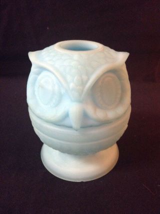 Vintage Fenton Blue Satin Glass Owl Fairy Lamp Light Candle Holder