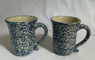 Set Of 2 Henn Workshops Blue Spongeware Pottery Coffee Cup Mug 4.  5 " Tall