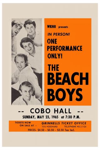 Surf: The Beach Boys At Detroit Cobo Hall Concert Poster 1965 12x18