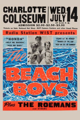 Surf: The Beach Boys at Charlotte NC.  Concert Poster 1965 12x18 2