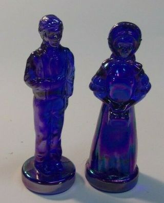 Degenhart Glass Iridescent Cobalt Blue Figurines John Alden & Priscilla D Heart