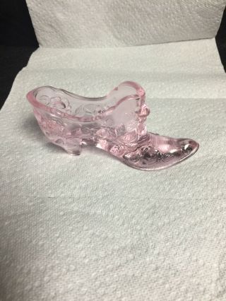 Vintage Fenton Pink Cabbage Rose Slipper Shoe Art Glass D1