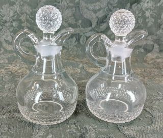 Vintage Two Glass Cruets Small Hobnail Type Trim Fancy Hobnail Type Stoppers