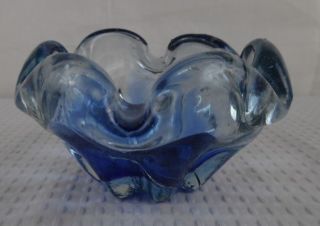 Vintage Heavy Cobalt Blue To Clear Pinched Studio Art Glass Ashtray