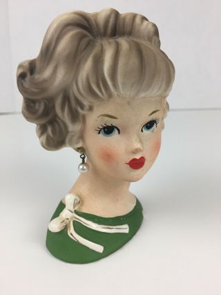 Vintage Relpo Lady Head Vase K1942 Green Dress Brown Hair With Earring Japan