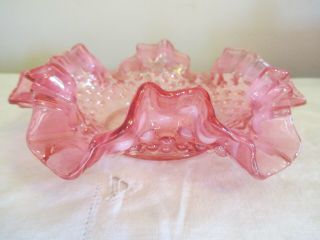 Vintage Fenton Art Glass Pink Hobnail Ruffled Opalescent Candy Dish Bon Bon Bowl