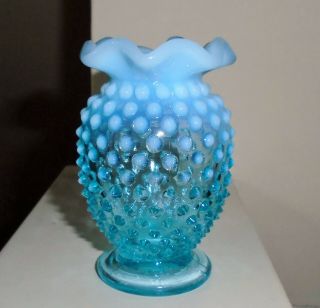 Vintage Fenton Glass Aquamarine Blue Opalescent Hobnail Small Vase 3.  5 "