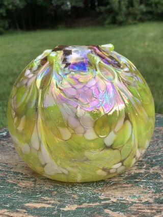 Vintage Green Iridescent Mount Saint Helens Volcanic Ash Signed Art Glass Vase