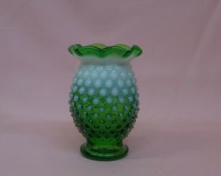 Vintage Fenton Green Opalescent Hobnail Small Vase Ruffled Top