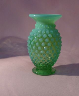 Vintage Fenton Green Opalescent Hobnail Small Vase Round Top