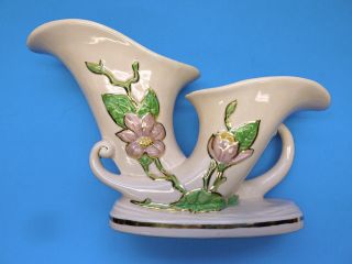 Hull Art Pottery H - 15 - 12 Magnolia Flower Double Cornucopia Pink Vase Gold Trim