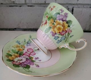 Vintage EB Foley Bone China 3537 Pale Green/Pink Floral Tea Cup & Saucer 2