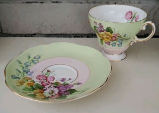 Vintage EB Foley Bone China 3537 Pale Green/Pink Floral Tea Cup & Saucer 3