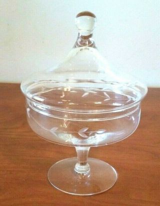 Vintage Crystal Clear Glass Candy Dish Bowl With Lid Leaf Vine Pattern Style