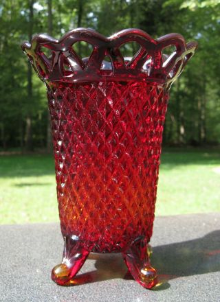 Vintage Imperial Glass Ruby Amberina Lace Edge 4 - Toed Footed Vase,  Rare