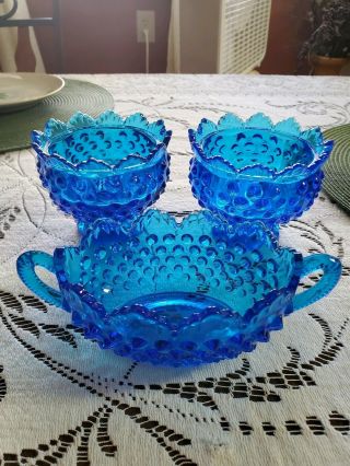 Fenton Colonial Blue Hobnail Candle Holders And Candy Dish
