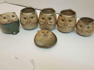 Vintage Uctci Japan Art Pottery Owl Set Of Cups,  Sugar Bowl,  Creamer Stoneware