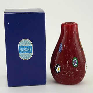 Antica Murrina Murano Millefiori Studio Glass Red Vase - 15.  25cm/6 " Tall Bnib