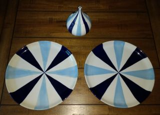 Set 2 Jonathan Adler Striped Pinwheel Blue Dinner Serving 11 " Plates,  Dip Dish