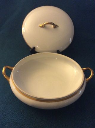 Covered Serving Bowl Dish 10”x 9” M.  Redon Pl Limoges White,  Gold Trim