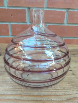 Vintage Heavy Studio / Art Glass Vase With Pink Swirl Decoration Hand Blown