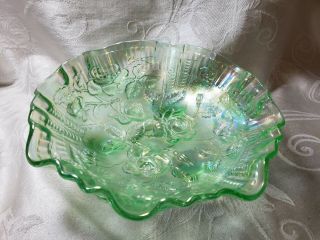 Vintage Imperial Glass Rose Pattwrn Opalescent Green Approx 8.  25 " Ruffle Bowl