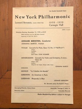 Concert Program Johanna Martzy Violinist York Philharmonic Bernstein 1958