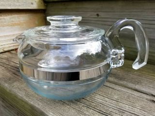 Vintage Pyrex Flameware 6 Cup Teapot Blue Tint Glass Round Knob Lid