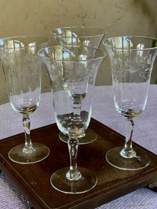 4 Vintage Small Floral Etched Wine Glasses