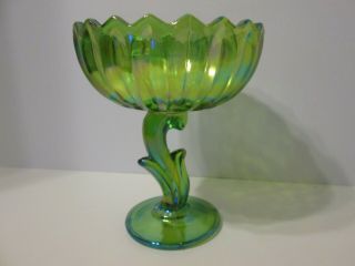 Vintage Indiana Glass Green Carnival Lotus Blossom Pedestal Compote Candy Dish
